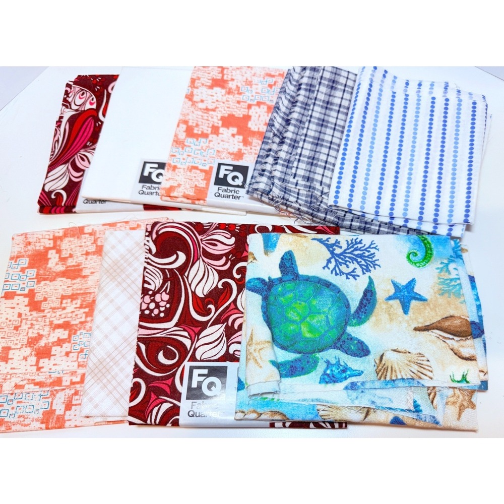 Lot 9 New Fat Quarters Fabric Burgundy Orange Blue Turtle Prints Sewing Quilting